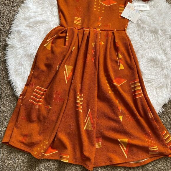 LULAROE Amelia Dress Zip Fit N Flare Triangles Pockets New Burnt Orange Size XS - Picture 4 of 10